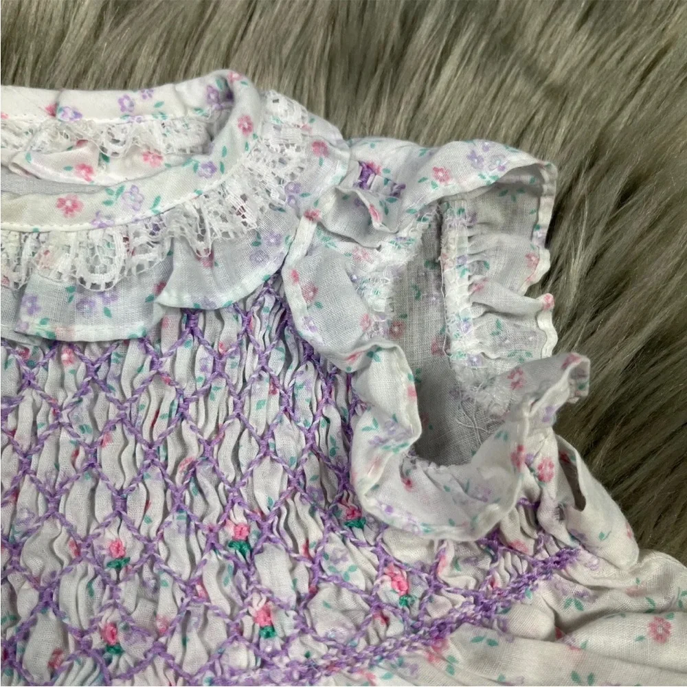 Vintage Polly Flinders White Smocked Floral Ruffle Tie Back Baby Girls Dress